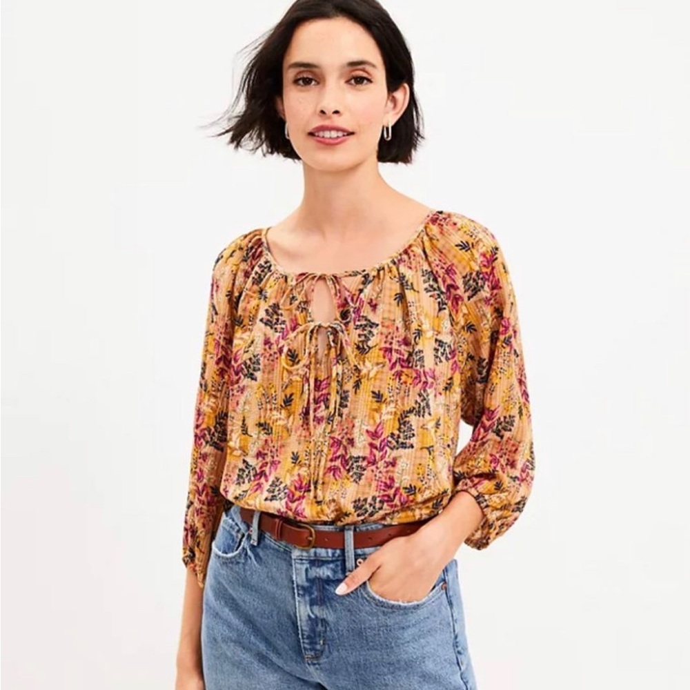 Fall Floral LOFT Tie Neck Blouse Large